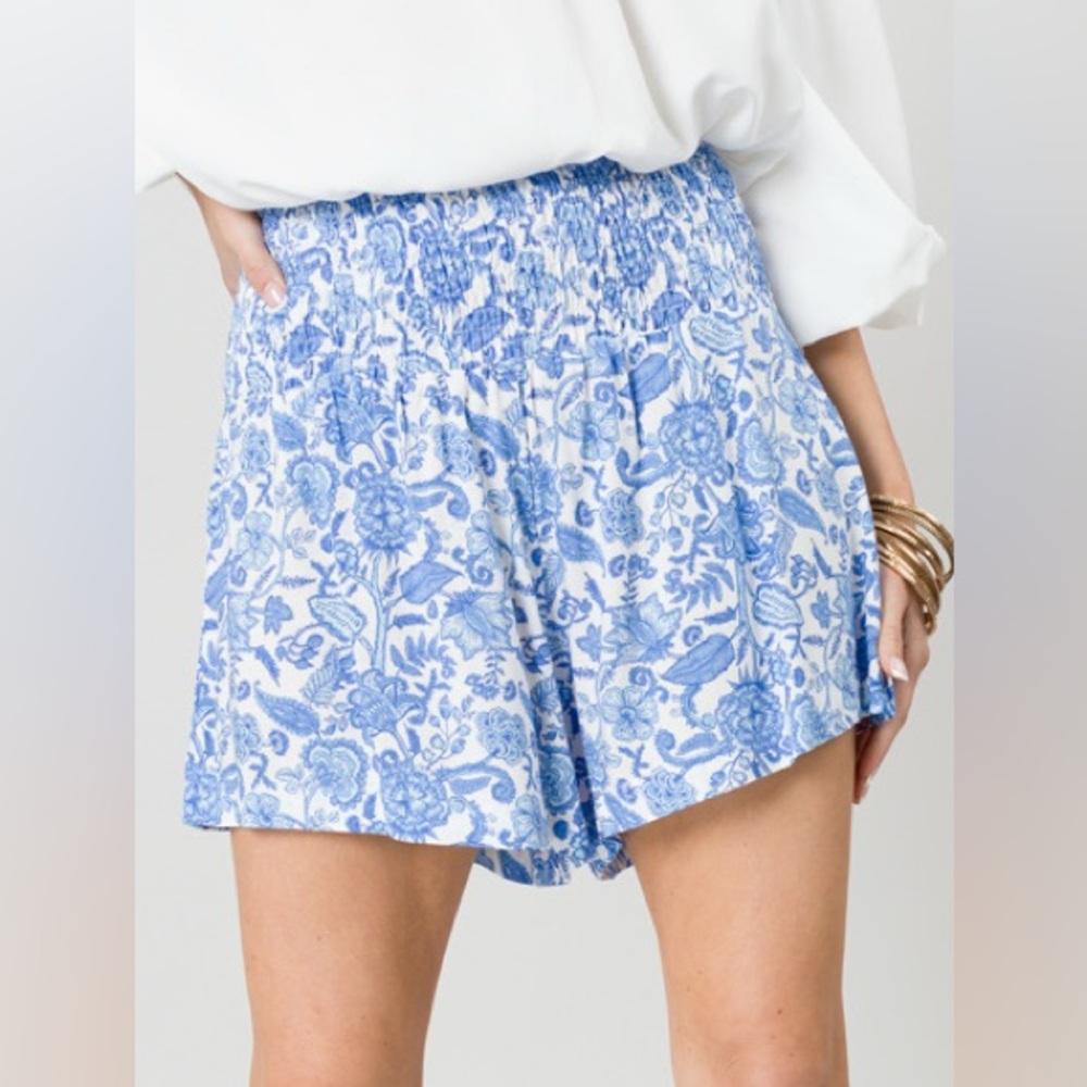 Blue Floral High-Waist Smocked Shorts